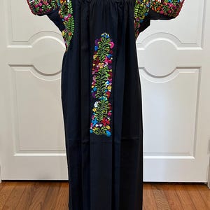 San Antonino Maxi Dress, Oaxaca Mexican dress. hand Embroidered. multicolor Silk Threads,