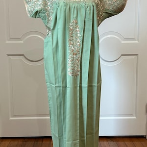 XL San Antonino Maxi Dress, Oaxaca Mexican dress. hand Embroidered. multicolor Silk Threads,