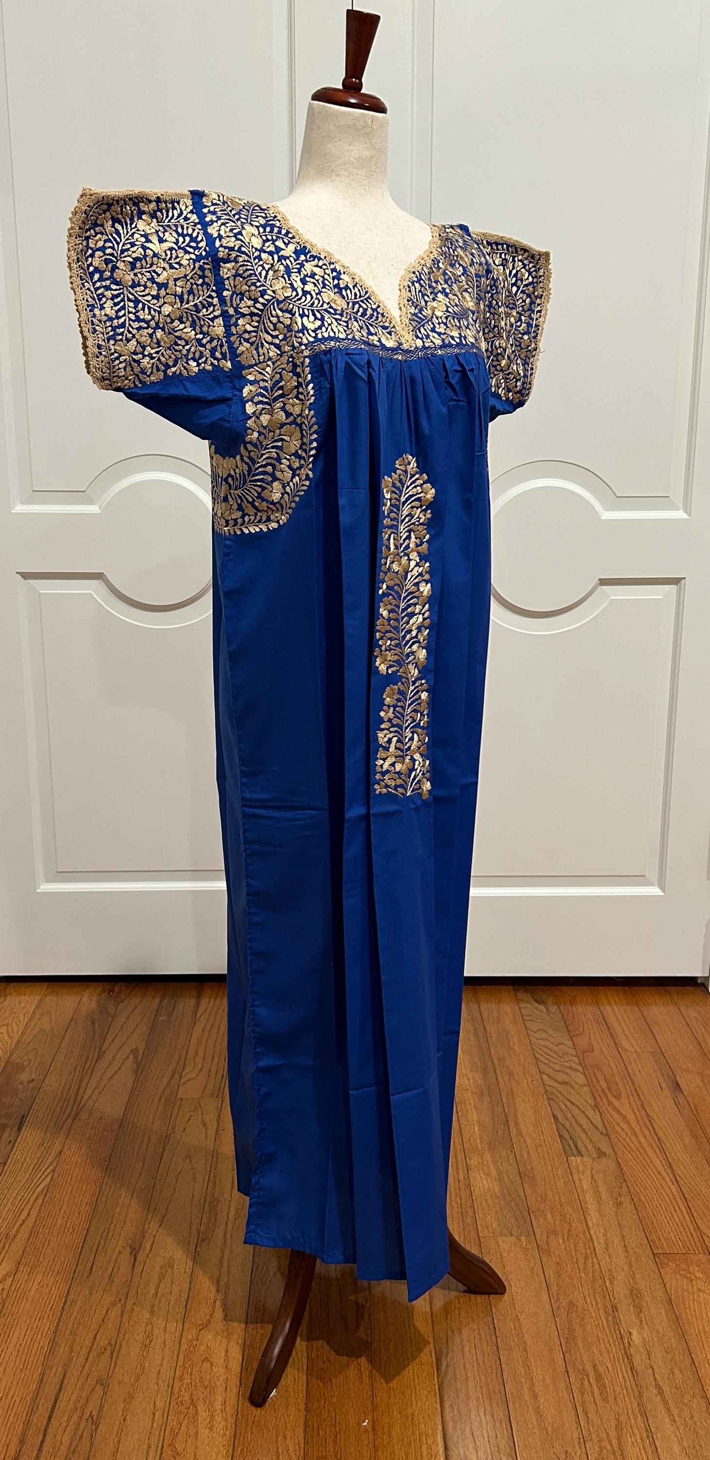 ヴィンテージ ブルー ハンド刺繍 オアハカ メキシカン マキシ ドレス