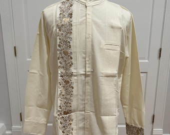 Large Hand Made Long Sleeve San Antonino embroidery Mexican guayabera Shirt.