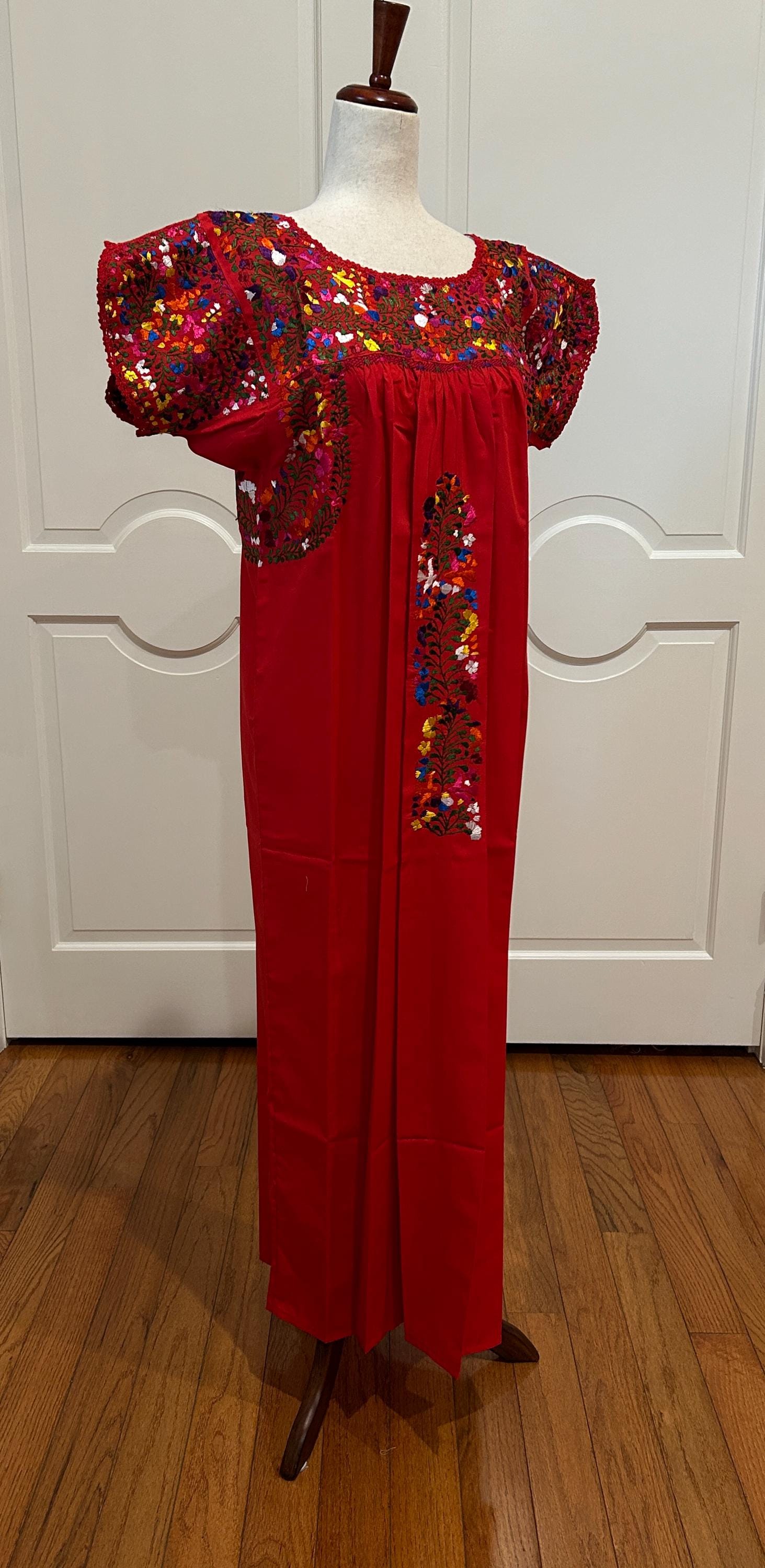 San Antonino Maxi Dress, Oaxaca Mexican dress. hand Embroidered. Silk Threads,