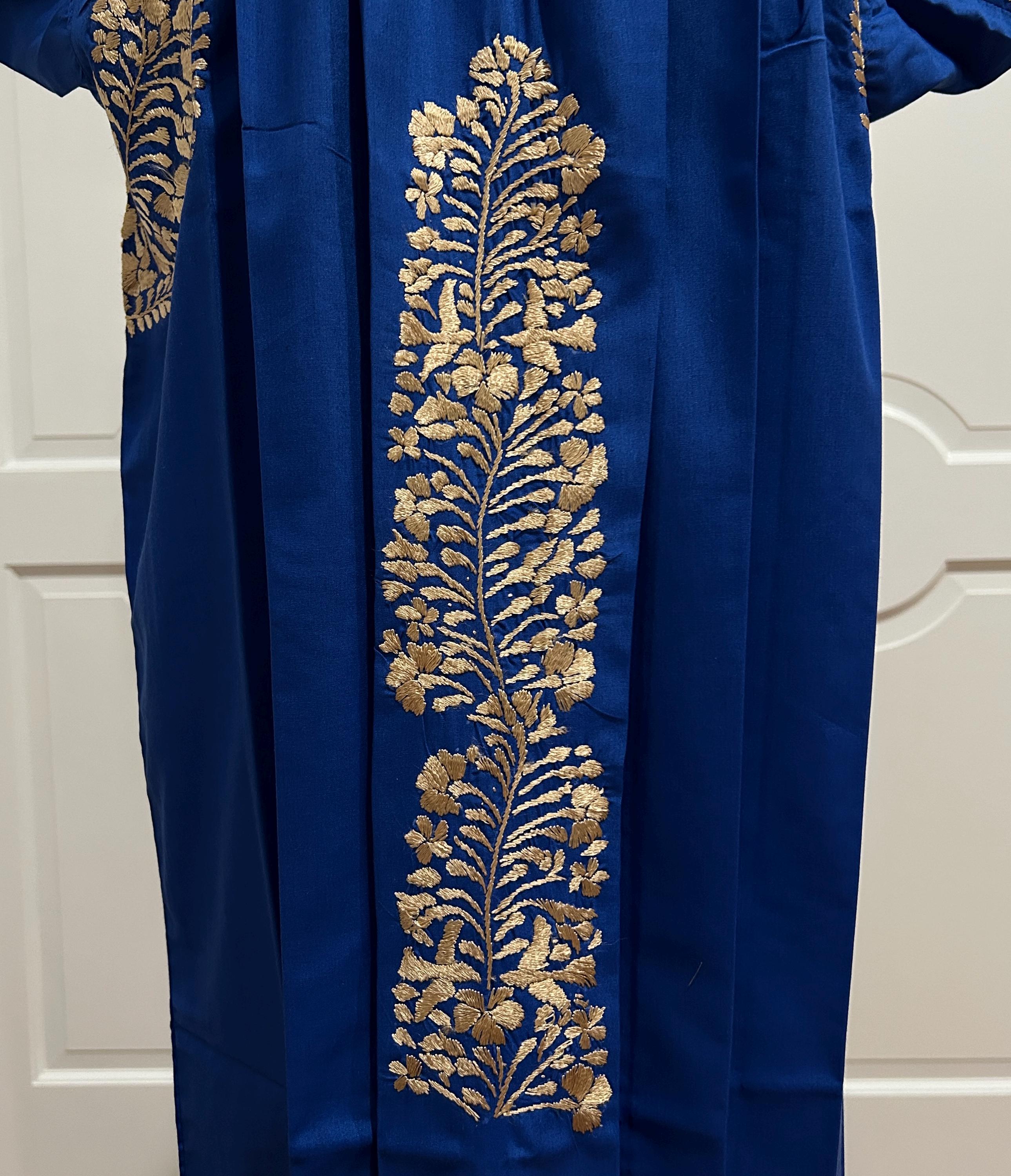 ヴィンテージ ブルー ハンド刺繍 オアハカ メキシカン マキシ ドレス