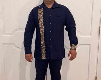 Hand Made Long Sleeve San Antonino embroidery Mexican guayabera Shirt.