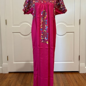 San Antonino Maxi Dress, Oaxaca Mexican dress. hand Embroidered. multicolor Silk Threads,