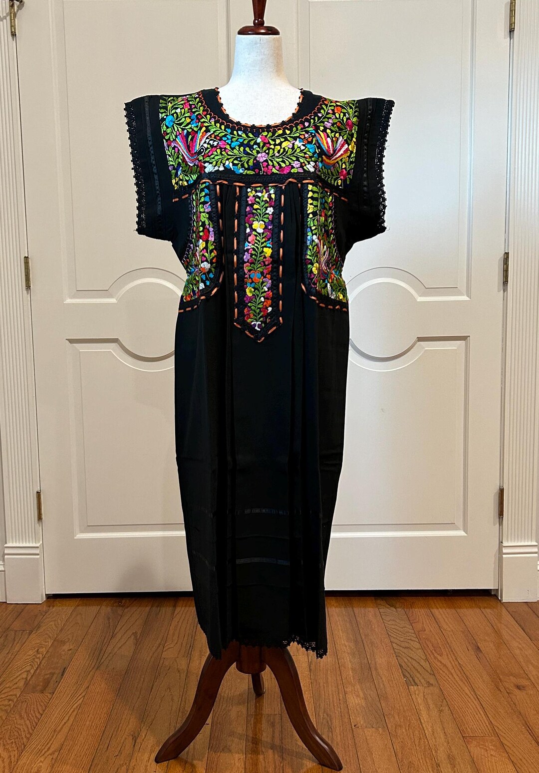 Mexican Black Dress, Oaxaca Dress, Hand Embroidery Dress. - Etsy