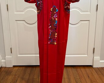 San Antonino Maxi Dress, Oaxaca Mexican dress. hand Embroidered. multicolor Silk Threads,