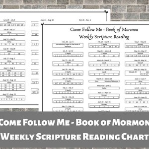 May include: A black and white printable chart for weekly scripture reading of the Book of Mormon. The chart includes dates and chapters to read for each week of the year.