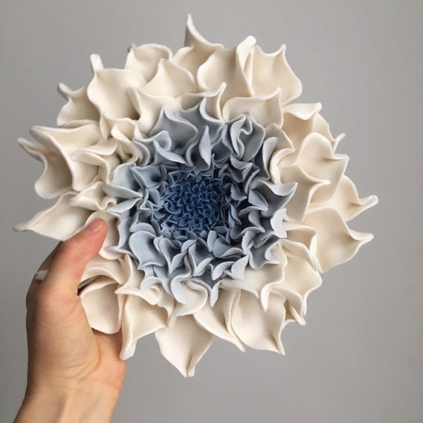 Blue Dahlia Porcelain Floral Wall Decor, Ceramic Bloom, Blue and White Wall Art, Ceramic  Wall Sculpture Installation