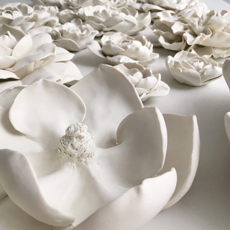 White Magnolia Porcelain Flower Wall Art set of 7 Ceramic Etsy