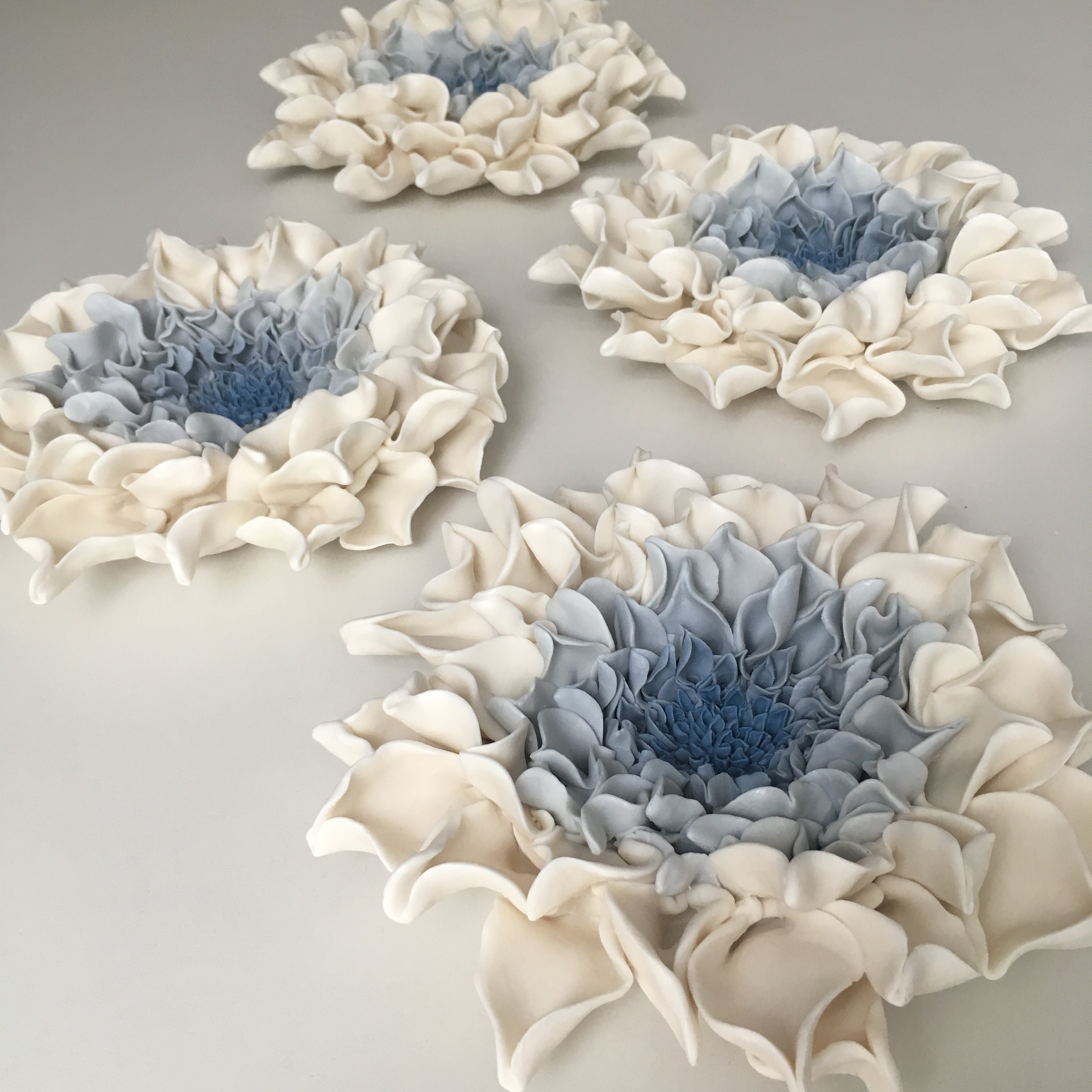 Blue Dahlia Porcelain Flower Wall Art Set Ceramic Flower Etsy