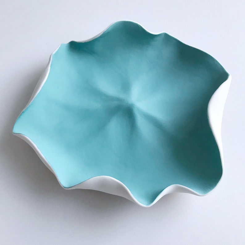 Porcelain Flower Petal Wall Sculpture White with Turquoise Wall Art, Ceramic Wall Installation image 6