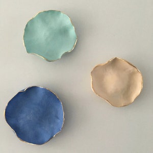 Handmade Porcelain Set of Three Wall Art Flowers  - Beige, Turquoise, Royal Blue with Gold Lustre Rim