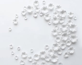 Porcelain Wall Art Flowers - White Shiny Glaze, 1.5"-5" Diameter | Handmade Set of 60