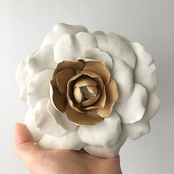 White And Gold Camelia Porcelain Flower Wall Art Ceramic Etsy