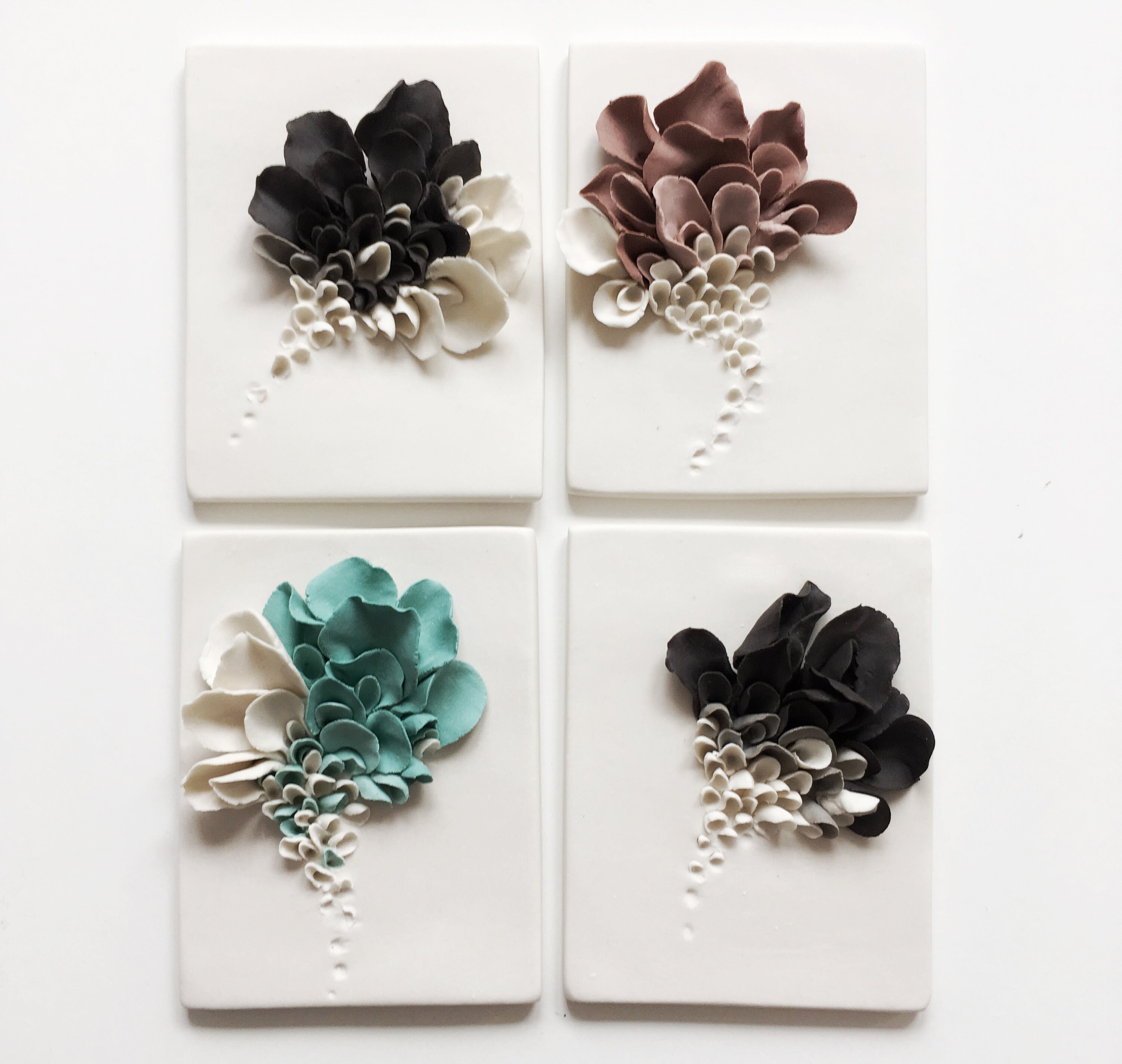 Décor Mural de Fleurs en Céramique - Ensemble 4, Carreaux Artistiques Porcelaine, Corail Blanc, Turq