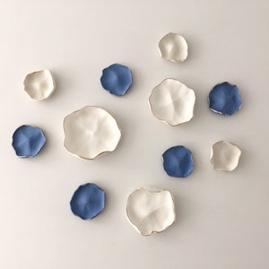 Handmade Porcelain Wall Art Installation - 11-Piece Abstract Flower Petals with Gold & Blue Accents - Modern Home Decor