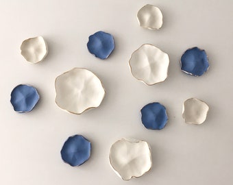 Handmade Porcelain Wall Art Flower Petals in White and Royal Blue with Gold Lustre - Set of 11