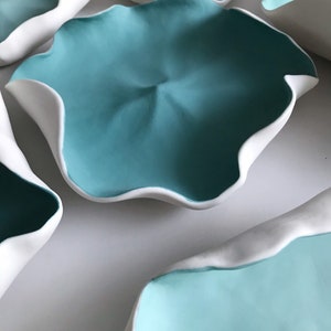 Porcelain Flower Petal Wall Sculpture White with Turquoise Wall Art, Ceramic Wall Installation image 2