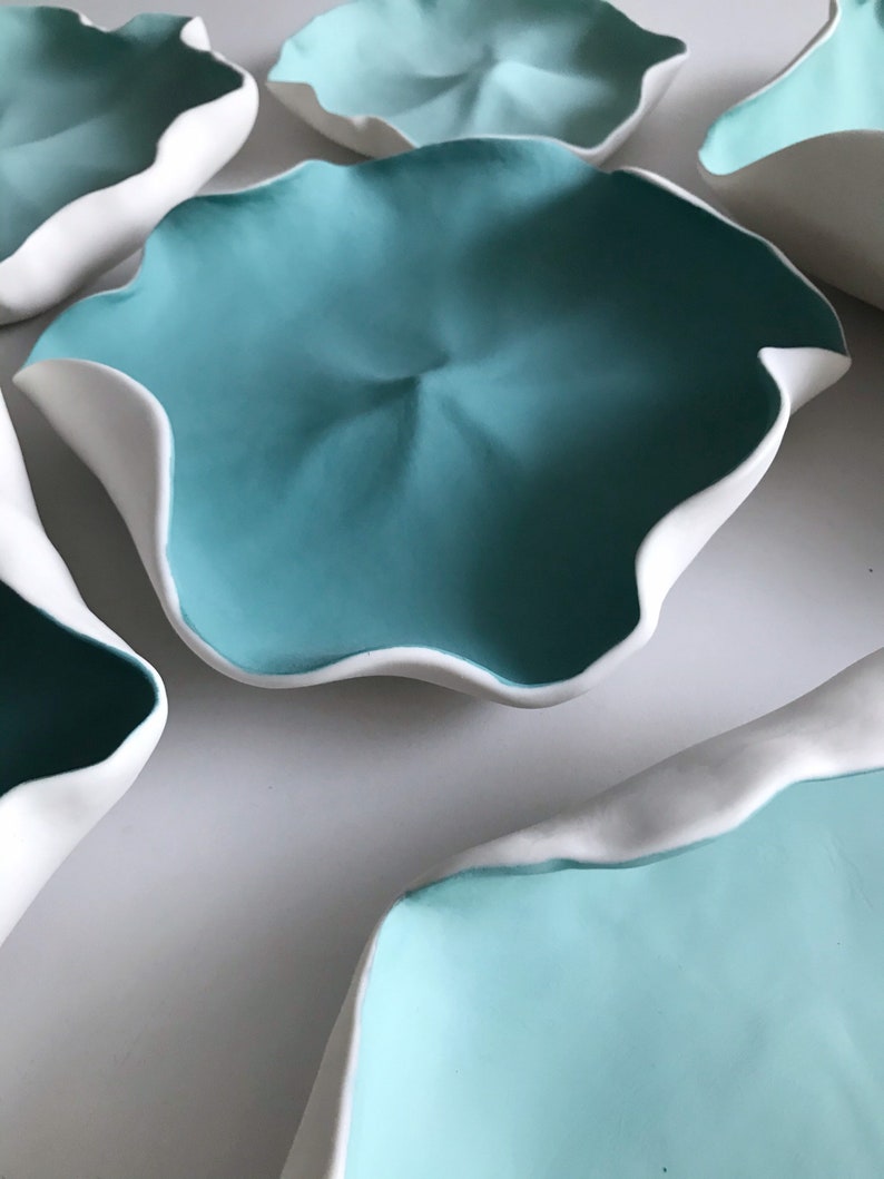 Porcelain Flower Petal Wall Sculpture White with Turquoise Wall Art, Ceramic Wall Installation image 2