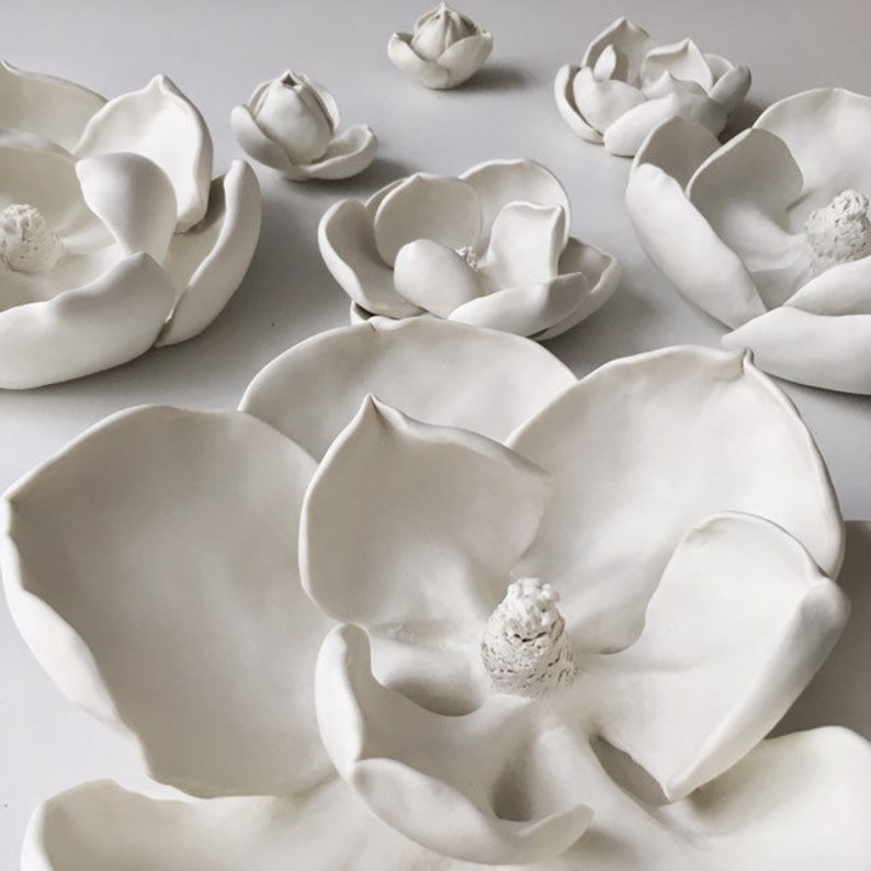 White Magnolia Porcelain Flower Wall Art set of 7 Ceramic Etsy