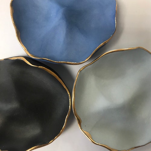 Porcelain shops Flower Wall Art, Black, Light Blue, Royal Blue and Gold , Set Of Three Ceramic Wall Hanging Plates, Hanging Wall Art