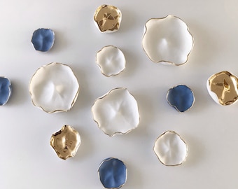 Artisan Porcelain Flower Discs Wall Installation with 24ct Gold Lustre,  Porcelain Sculptural Wall Decor , White, Indigo, Gold Wall Art