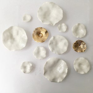 Flora Handcrafted Porcelain Flower Wall Art Installation - 12-Piece Set of Ceramic Sculptures with Gold Accents