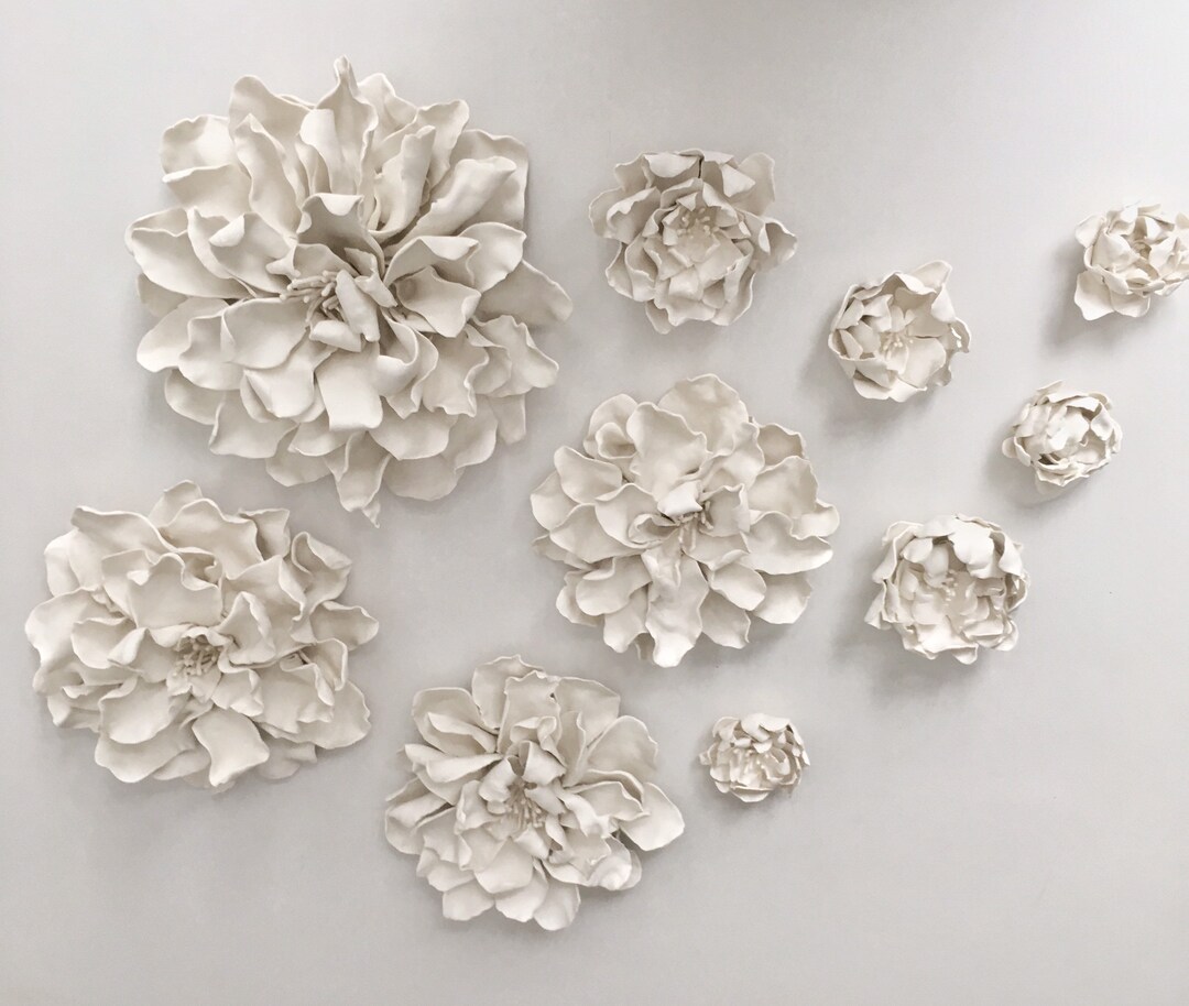 Porcelain Flower Wall Art, Set of 10 Ceramic Flowers , Wall Flower Artworks, White Wall