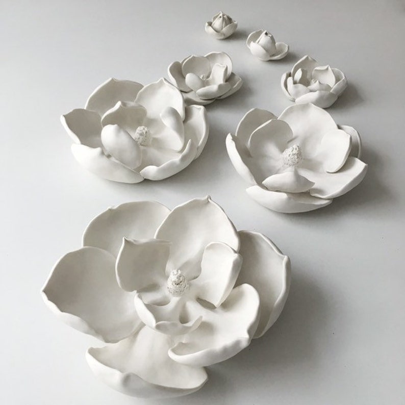 White Magnolia Porcelain Flower Wall Art set of 7 Ceramic Etsy