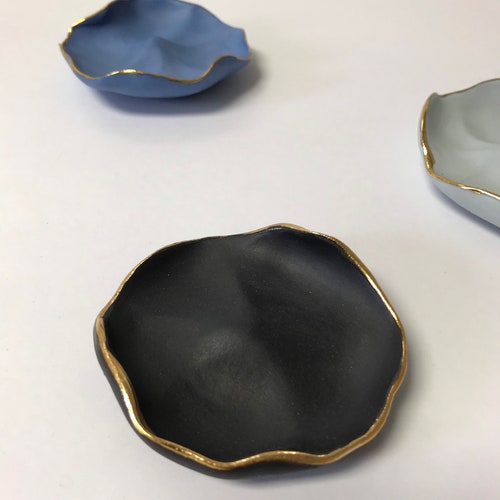 Porcelain shops Flower Wall Art, Black, Light Blue, Royal Blue and Gold , Set Of Three Ceramic Wall Hanging Plates, Hanging Wall Art