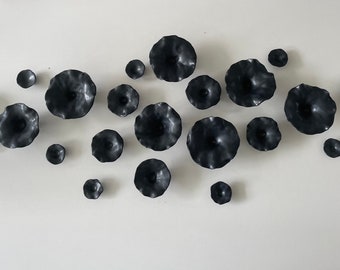 Porcelain Wall Installation - 22 Handmade Black Satin Matte Flowers, 1.5"-5" Diameter, Black Porcelain Wall Art, Ceramic Art, Floral Artwork