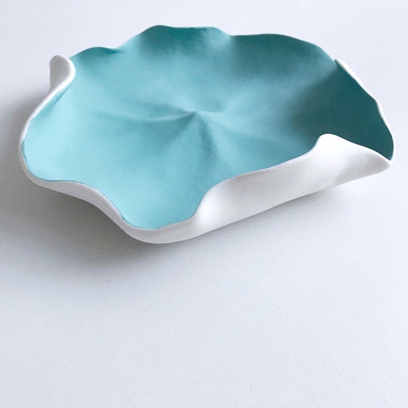 Porcelain Flower Petal Wall Sculpture White with Turquoise Wall Art, Ceramic Wall Installation image 5