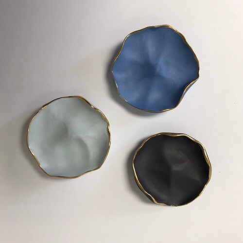 Porcelain shops Flower Wall Art, Black, Light Blue, Royal Blue and Gold , Set Of Three Ceramic Wall Hanging Plates, Hanging Wall Art