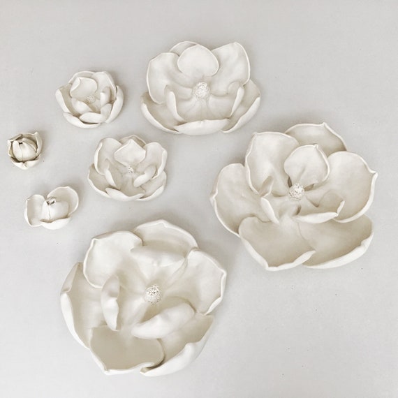 Handmade White Ceramic Magnolia Flower 3D Wall Decor Hangings Art Decoration 