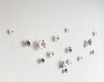 Porcelain Wall Art Flowers - White Shiny Glaze and Platinum  Silver  Lustre, Ceramic Flower Wall Installation