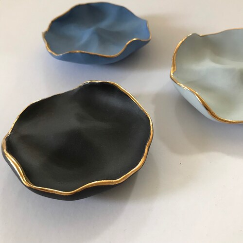 Porcelain shops Flower Wall Art, Black, Light Blue, Royal Blue and Gold , Set Of Three Ceramic Wall Hanging Plates, Hanging Wall Art