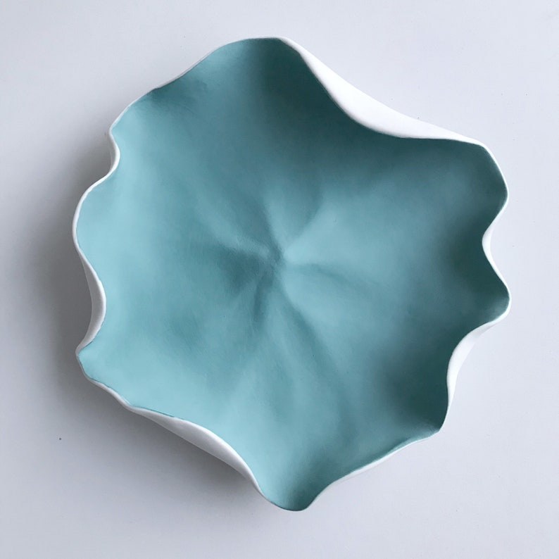 Porcelain Flower Petal Wall Sculpture White with Turquoise Wall Art, Ceramic Wall Installation image 1