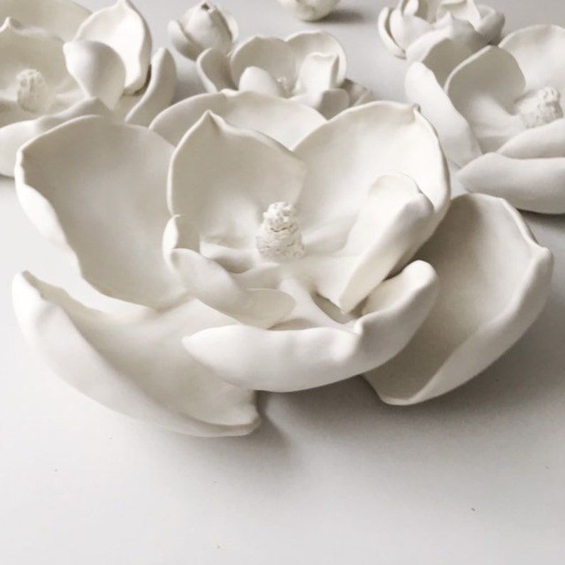 White Magnolia Porcelain Flower Wall Art set of 7 Ceramic Etsy