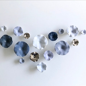Original Flora Wall Installation Blue and Gray Porcelain Wall Art Flowers –  3D Ceramic Sculptures with Ombré Glazes and Platinum Accents