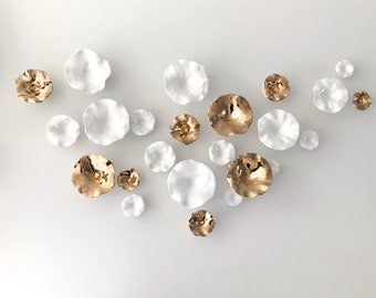 White and 24ct Gold Porcelain Flowers Wall Installation, Porcelain Wall Art, Abstract 3D Artwork, Wall Flowers Sculpture