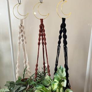 May include: Three macrame plant hangers with gold crescent moon rings. The hangers are made with white, brown, and black cord. The hangers are hanging from a metal rod.