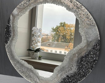 Silver epoxy resin mirror, crystal mirror, large wall mirror, decorative mirror, art deco mirror, mirror wall decor, exclusive mirror gift