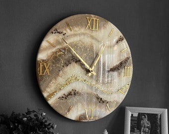 Große Wanduhr Gold aus Marmor, Boho Wanduhr, Wanduhr nach Kundenwunsch, Wohnung Dekor, Einweihungsparty Geschenk, Einzigartige Uhren