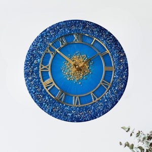Deep blue and gold crystal wall clock, luxury epoxy clock, accent mantle clock, handmade decorative clock, epoxy resin decor
