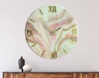 Gold and pink epoxy resin wall clock, personalized large boho clock, custom nursery wall clock, pastel clock