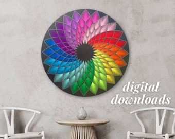 Downloadable DIY string art, rainbow mandala pattern, mandala art DIY, mandala wall decor