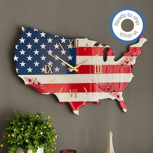 Reloj con bandera estadounidense, reloj con bandera de EE. UU., reloj con mapa de Estados Unidos, reloj de epoxi con decoración americana, reloj de pared patriótico, arte de pared con bandera de EE. UU., regalo de viaje a EE. UU.