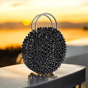 Bolso de mano con cuentas negras, bolso brillante, bolso de cristal, bolso de diamantes, bolso de noche, bolso de fiesta, bolso de boda, bolso brillante