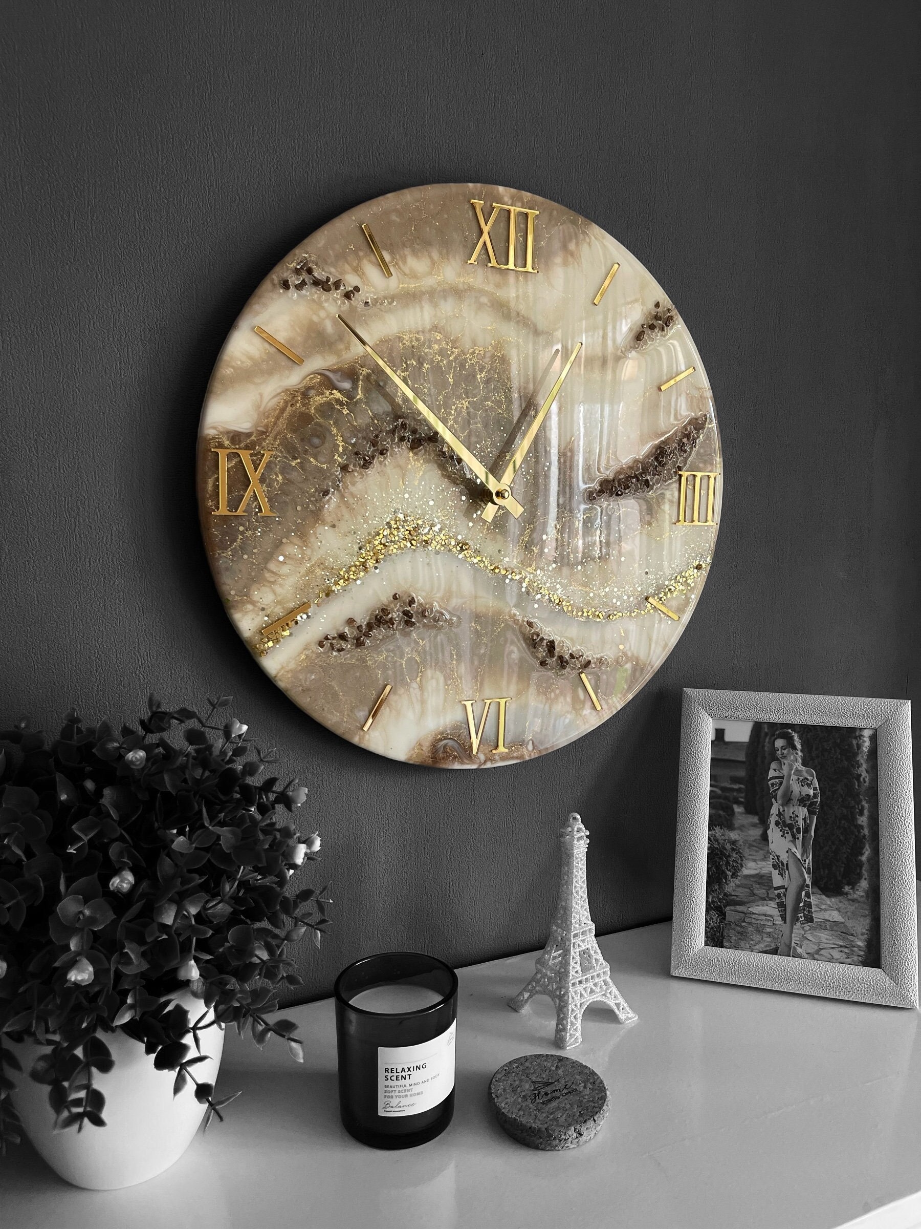 Large Gold Wall Clock Epoxy Resin Wall Clock Marble Wall Etsy
