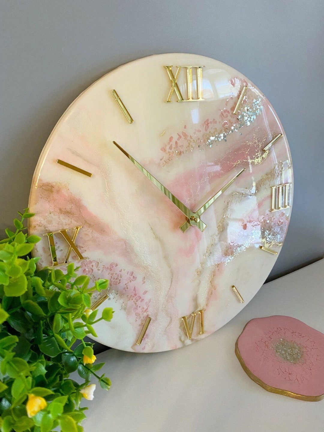 Pink White and Gold Wall Clock, Epoxy Pink Wall Clock, Modern Wall